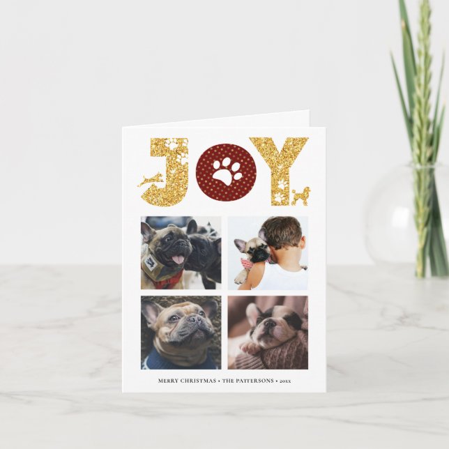 Cartes Pour Fêtes Annuelles JOY Paws Gold | Pet Lovers Four Photo Collage (Devant)