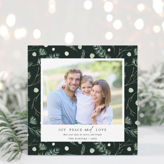 Cartes Pour Fêtes Annuelles Joy Peace Love Winter Greenery Carré photo (Créateur téléchargé)