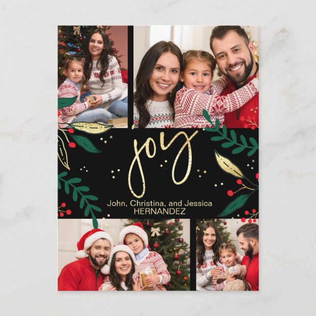 Cartes Pour Fêtes Annuelles Joy Photo Rouge Or Noël Vert Noir (Devant)