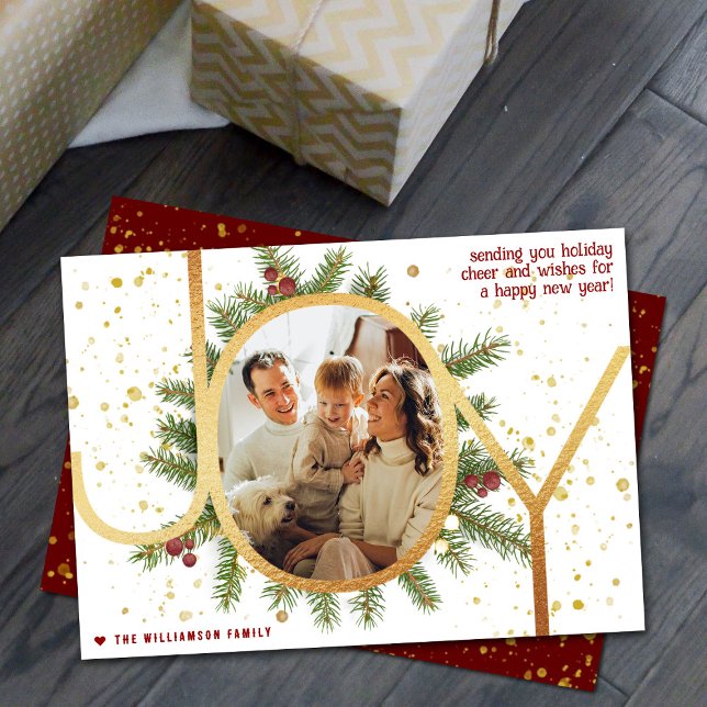 Cartes Pour Fêtes Annuelles Joy Pine Boughs Wreath Photo de Noël (Créateur téléchargé)