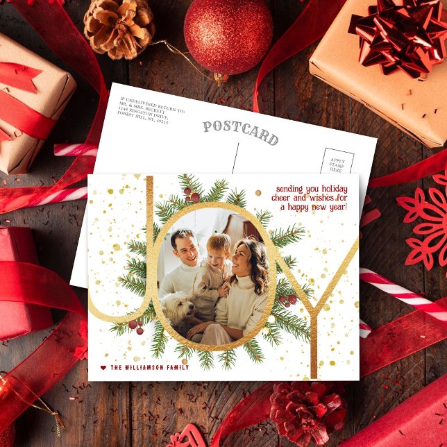 Cartes Pour Fêtes Annuelles Joy Pine Boughs Wreath Photo de Noël (Créateur téléchargé)