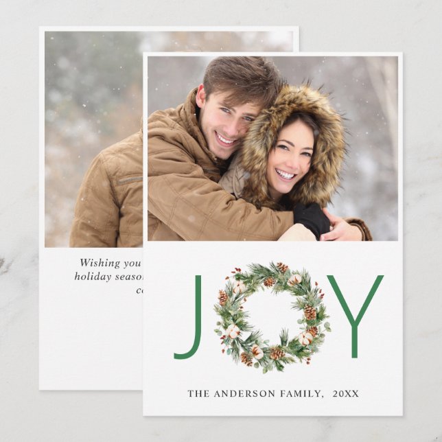 Cartes Pour Fêtes Annuelles JOY Pine Cones Fir Wreath Noël 2 PHOTO (Devant / Derrière)