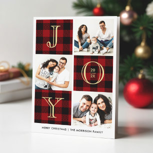 Cartes Pour Fêtes Annuelles JOY Red Buffalo Plaid Photo Collage