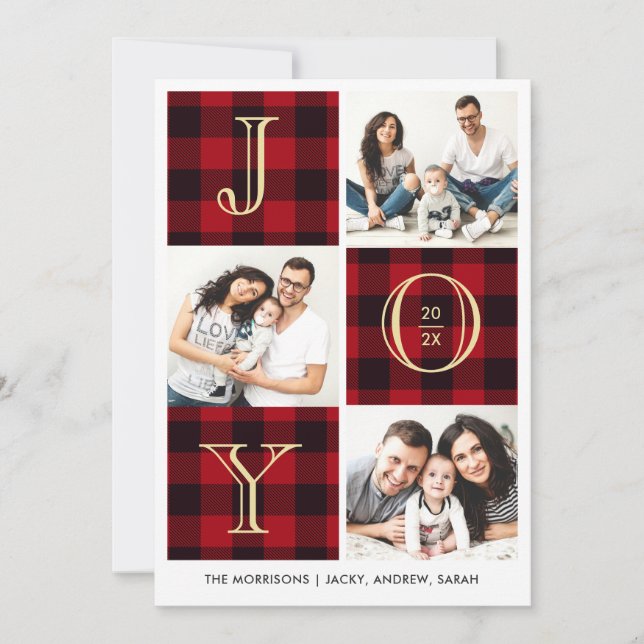 Cartes Pour Fêtes Annuelles JOY | Red Plaid Photo Collage (Devant)