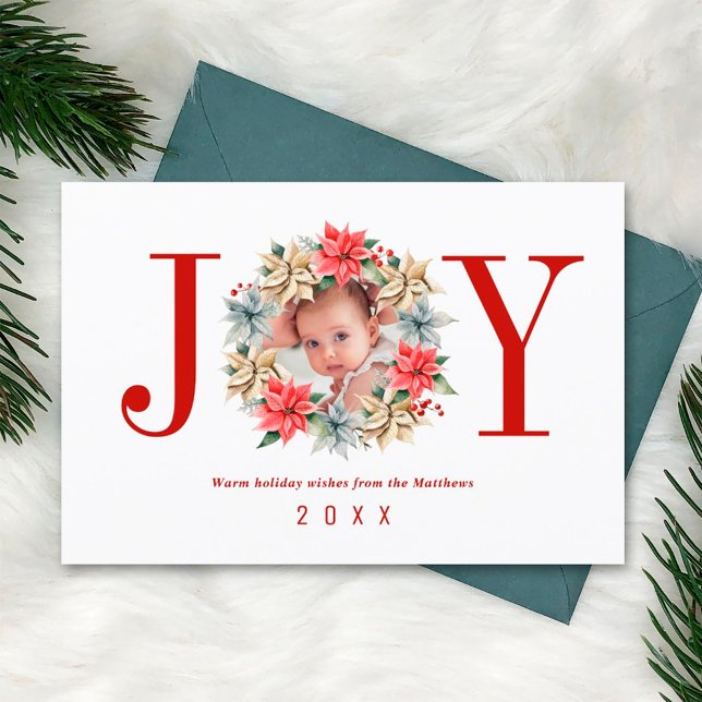 Cartes Pour Fêtes Annuelles Joy Simple Agritourisme Poinsettia Wreath and Phot (Créateur téléchargé)