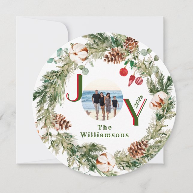 Cartes Pour Fêtes Annuelles JOY Wreath Green Red Lettres Photo Noël (Devant)
