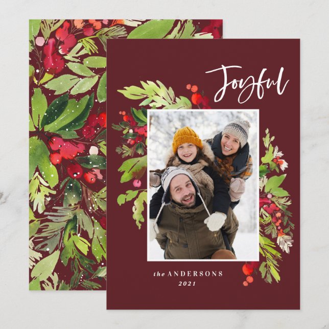Cartes Pour Fêtes Annuelles Joyeuse aquarelle botanique 1 photo Noël (Devant / Derrière)