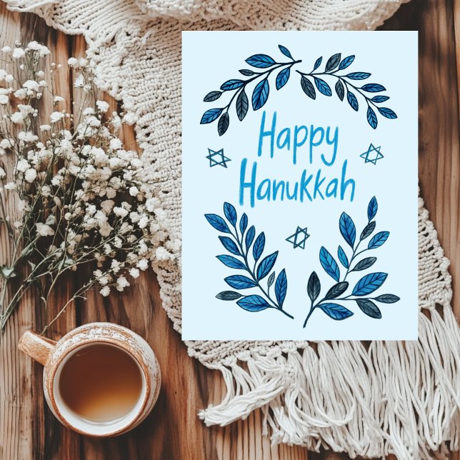 Cartes Pour Fêtes Annuelles Joyeuse aquarelle botanique Hanoukka (Happy Hanukkah Botanical Garland Watercolor Hand drawn Holiday Postcard
)