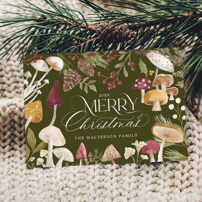 Cartes Pour Fêtes Annuelles Joyeuse aquarelle de Noël Champignons boisés Photo (Merry Christmas Watercolor Woodsy Mushrooms Photo Holiday Card (Front))