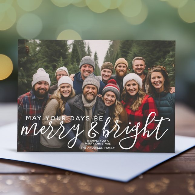 Cartes Pour Fêtes Annuelles Joyeuse et brillante calligraphie Horizontale Phot (Add 1 photo to this modern Christmas Card with the greeting - May Your Days Be Merry and Bright)