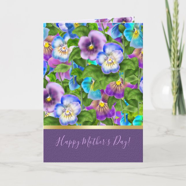 Cartes Pour Fêtes Annuelles Joyeuse fête des mères Pansy Violet Fleurs Aquarel (Devant)