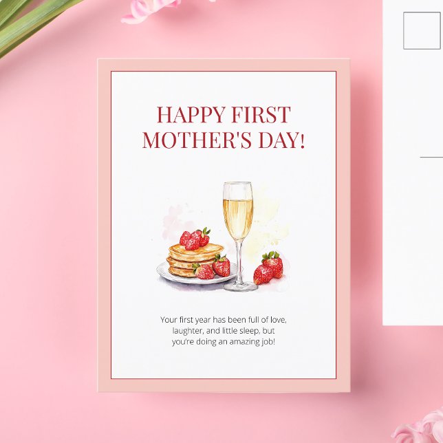 Cartes Pour Fêtes Annuelles Joyeuse fête des mères Pink Aquarelle première foi (Happy Mother's Day Pink Watercolor First Time Mom Holiday Postcard)