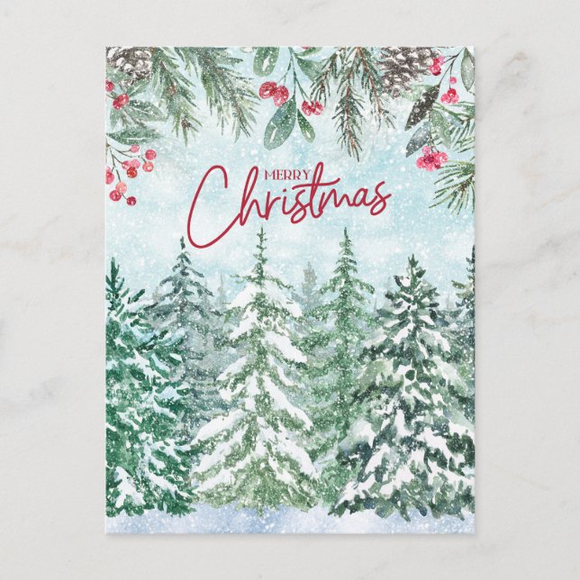 Cartes Pour Fêtes Annuelles Joyeuse forêt de Noël, baies rouges, Pinecones (Devant)