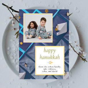 Cartes Pour Fêtes Annuelles Joyeuse Hanoucca Famille Bleue Élégante 1 Photo