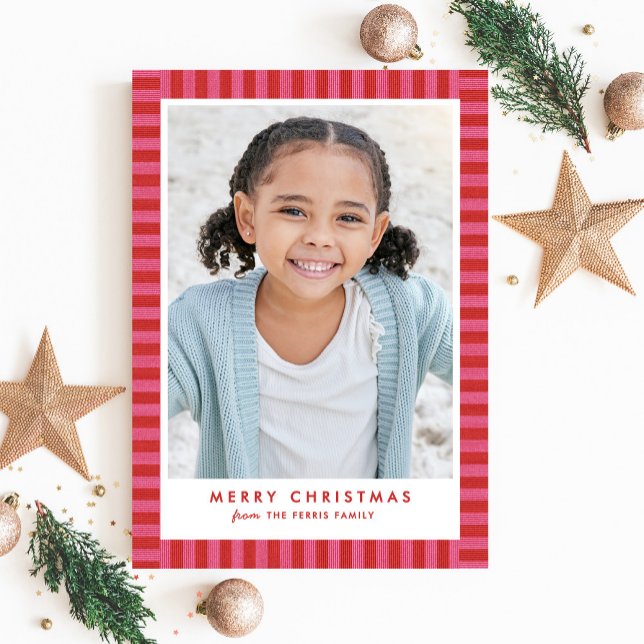 Cartes Pour Fêtes Annuelles Joyeuse photo de Noël aux rayures vives, mignonne, (Créateur téléchargé)