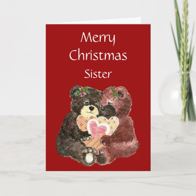 Cartes Pour Fêtes Annuelles Joyeuse Soeur de Noël, Teddy Bear Hugues (Devant)