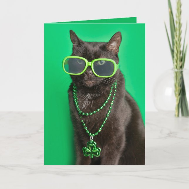 Cartes Pour Fêtes Annuelles Joyeuse St Patrick Cat en Vert Humour  (Devant)