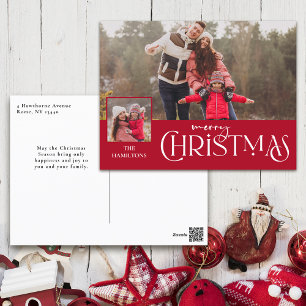 Cartes Pour Fêtes Annuelles Joyeuse typographie de Noël Rouge à deux photos