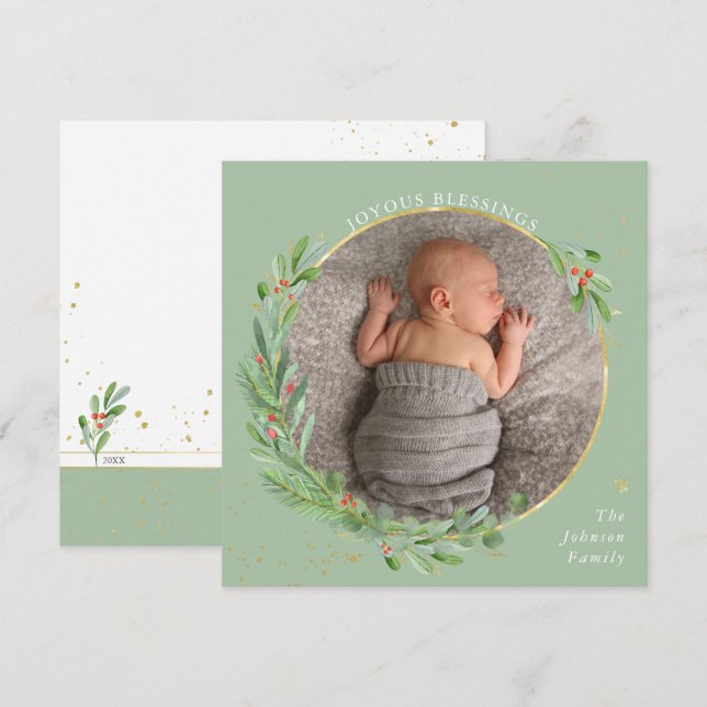 Cartes Pour Fêtes Annuelles Joyeuses bénédictions de Noël en aquarelle de verd (Devant / Derrière)