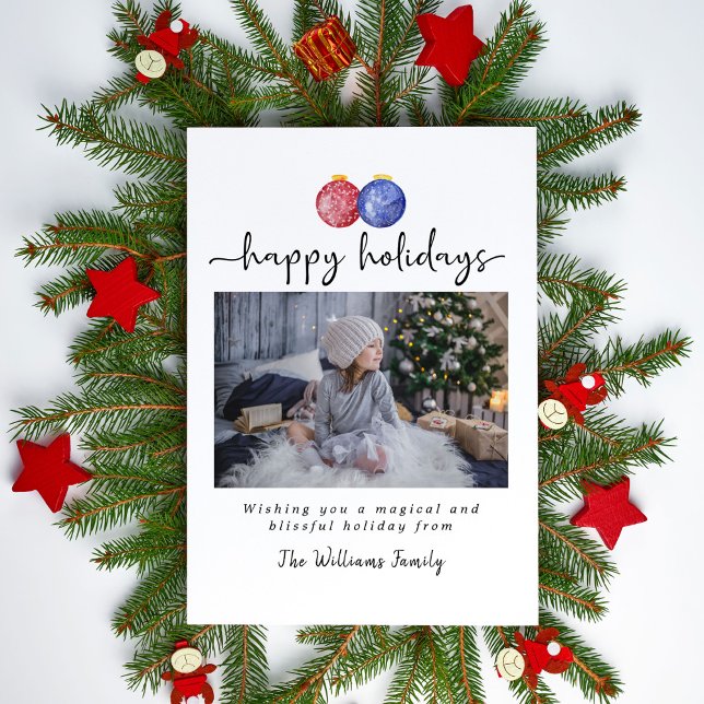 Cartes Pour Fêtes Annuelles Joyeuses fêtes 1 Photo Cute Aquarelle Ornements (Créateur téléchargé)