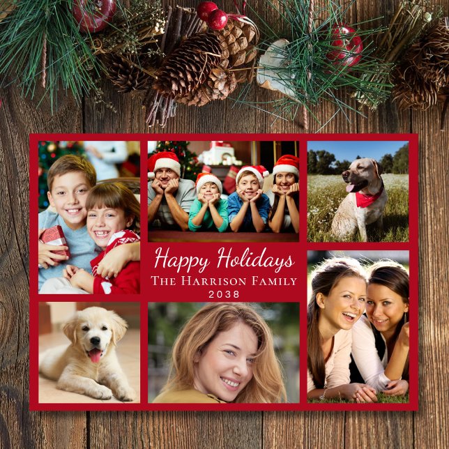 Cartes Pour Fêtes Annuelles Joyeuses fêtes 6 Photo Collage Noël Rouge (Créateur téléchargé)