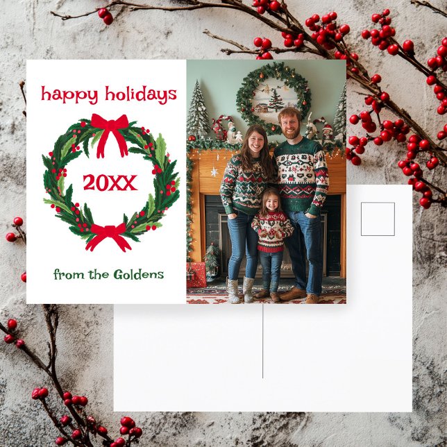 Cartes Pour Fêtes Annuelles Joyeuses Fêtes Année de couronne Fête de Noël (Happy Holidays Wreath Year CUSTOM PHOTO Christmas Holiday Postcard
)