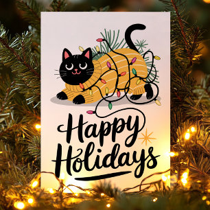 Cartes Pour Fêtes Annuelles Joyeuses fêtes Chat enveloppé dans les lumières No