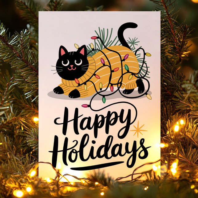 Cartes Pour Fêtes Annuelles Joyeuses fêtes Chat enveloppé dans les lumières No (Créateur téléchargé)