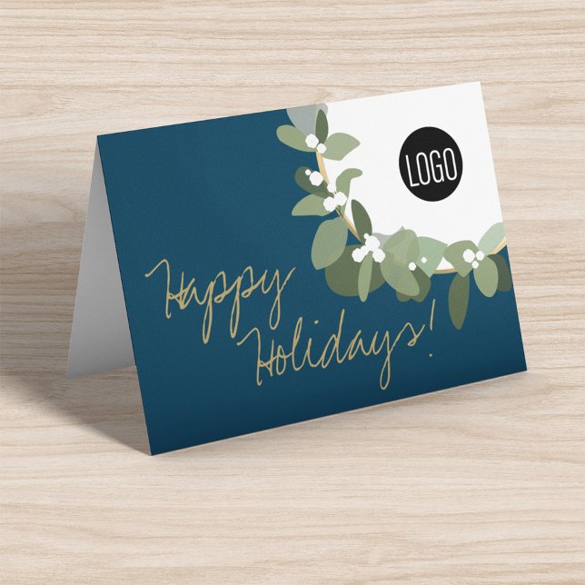 Cartes Pour Fêtes Annuelles Joyeuses fêtes Chic Wreath Logo Société Noël (Blue modern Happy Holidays custom logo business Christmas folded cards.)