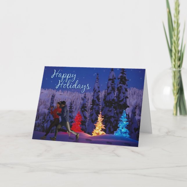 Cartes Pour Fêtes Annuelles Joyeuses Fêtes – Couple de Coureurs (Devant)