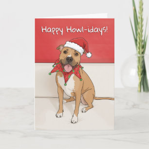 Cartes Pour Fêtes Annuelles Joyeuses Fêtes Dessin de chien Pit Bull avec chape