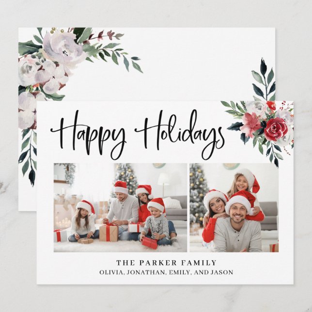 Cartes Pour Fêtes Annuelles Joyeuses fêtes | Deux photos et aquarelle Floral (Devant / Derrière)