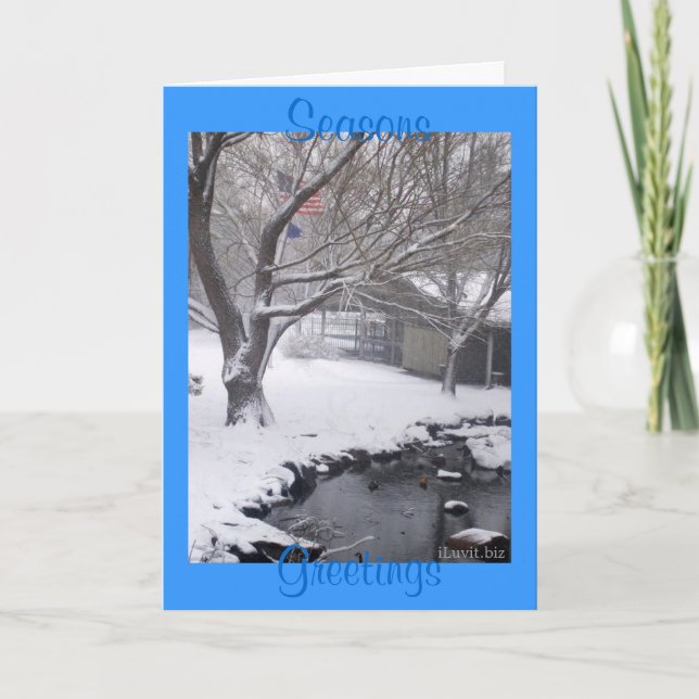Cartes Pour Fêtes Annuelles JOYEUSES FÊTES - Drapeau américain, Scène d'hiver (Devant)