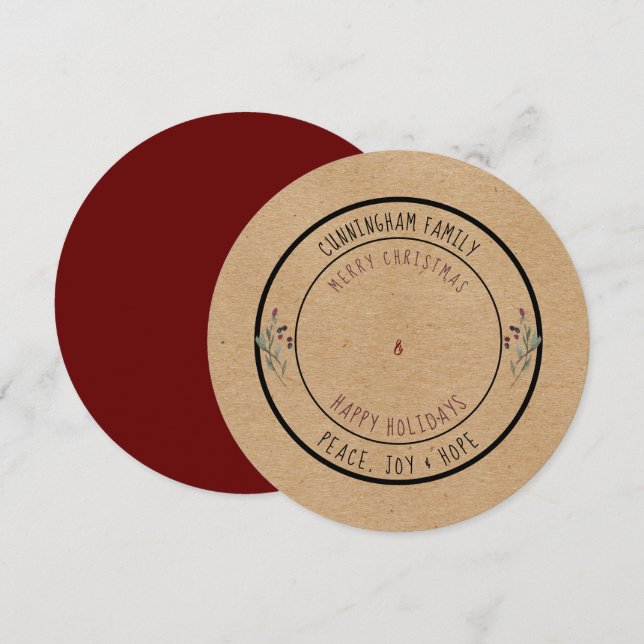 Cartes Pour Fêtes Annuelles Joyeuses fêtes et Joyeux Noël rond Rustique (Devant / Derrière)