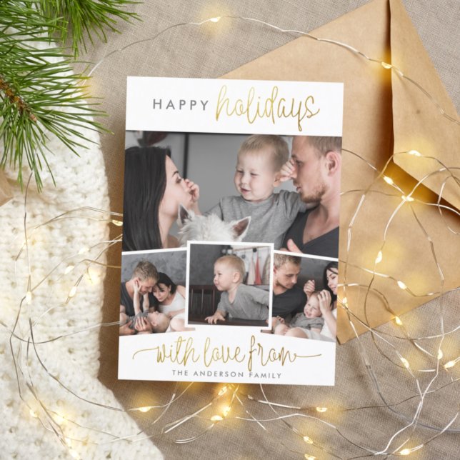 Cartes Pour Fêtes Annuelles Joyeuses fêtes | Gold Script & 4 Photos Noël (Créateur téléchargé)