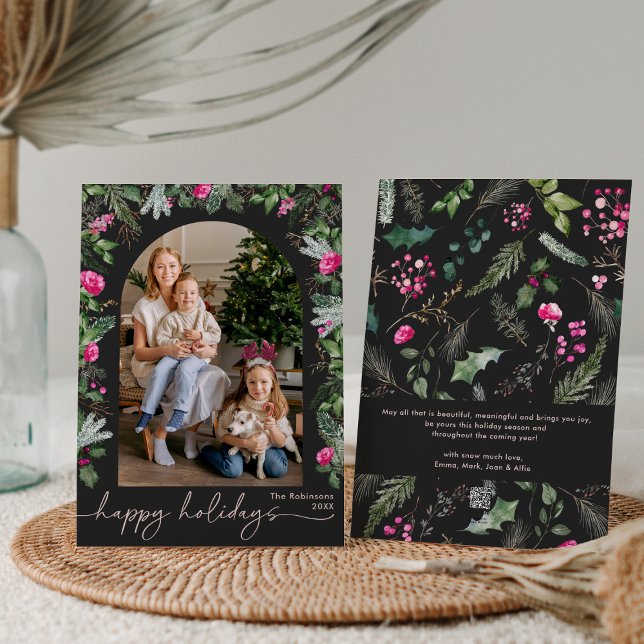Cartes Pour Fêtes Annuelles Joyeuses fêtes gris foncé rose verdure Arc Photo (Créateur téléchargé)