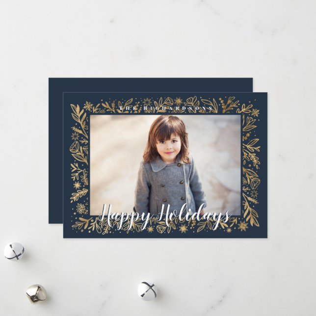 Cartes Pour Fêtes Annuelles Joyeuses fêtes Marine & Gold Foliage & Snowflakes (Devant/Arrière en situation)