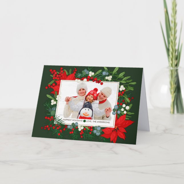 Cartes Pour Fêtes Annuelles Joyeuses fêtes. Mistletoe et Poinsettia Photo (Devant)
