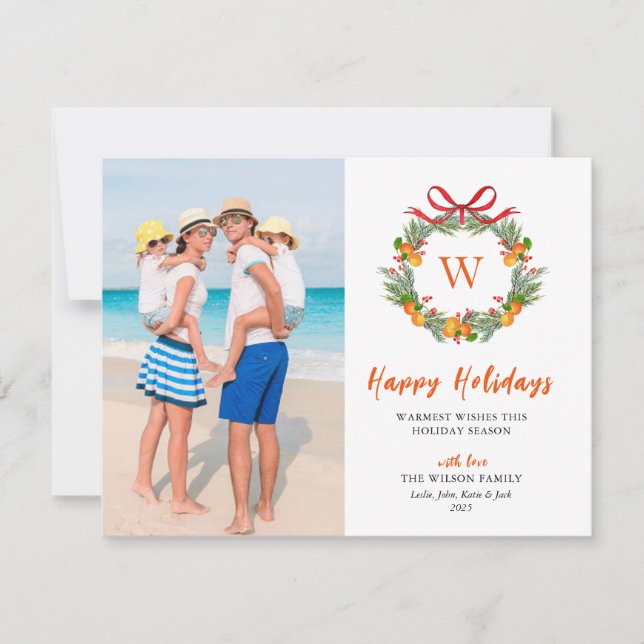 Cartes Pour Fêtes Annuelles Joyeuses fêtes Monogram Citrus Wreath Photo (Devant)