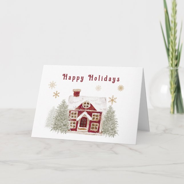 Cartes Pour Fêtes Annuelles Joyeuses fêtes Noël Neige rouge Maison couverte (Devant)