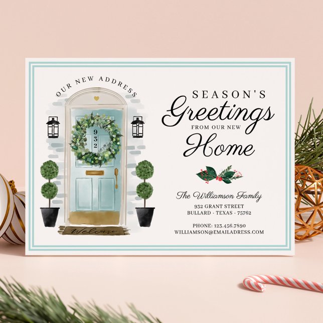 Cartes Pour Fêtes Annuelles Joyeuses Fêtes Nouvelle maison Aqua Aquarelle Port (Seasons Greetings New Home Aqua Watercolor Door Holiday Card)