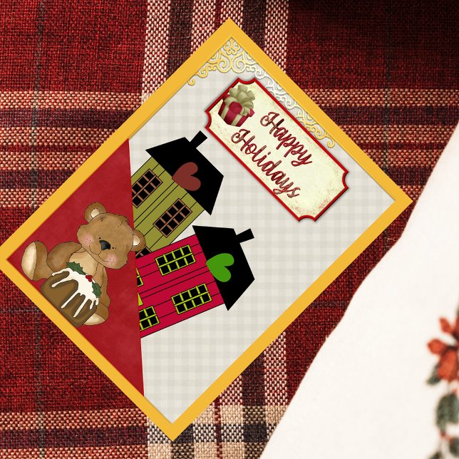 Cartes Pour Fêtes Annuelles Joyeuses Fêtes Ours en Peluche Coeurs Maisons Rétr (Créateur téléchargé)