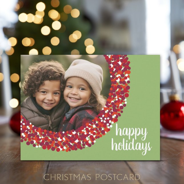 Cartes Pour Fêtes Annuelles Joyeuses fêtes - Photo de Noël Green red berry (Add 1 photo to this festive lime green and red berry holiday postcard)