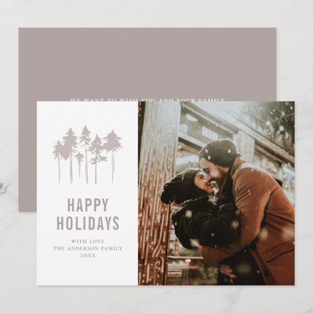 Cartes Pour Fêtes Annuelles Joyeuses fêtes. Pins de Noël boisés modernes (Devant / Derrière)