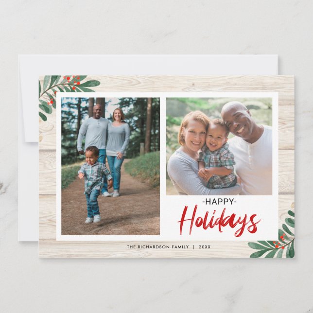 Cartes Pour Fêtes Annuelles Joyeuses fêtes Verdure rustique 2 Photos Noël (Devant)