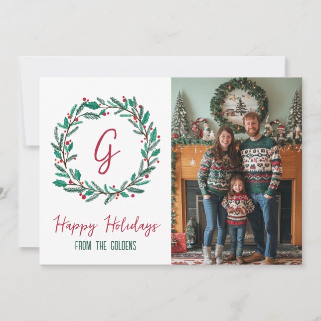 Cartes Pour Fêtes Annuelles Joyeuses fêtes Wreath photos personnalisées Noël (Devant)