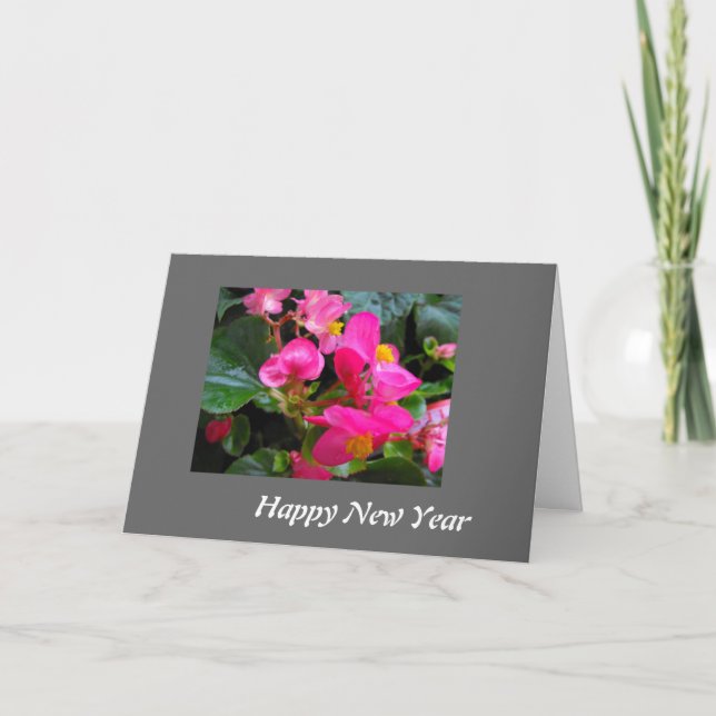 Cartes Pour Fêtes Annuelles Joyeuses fleurs de bégonia rose du Nouvel An (Devant)