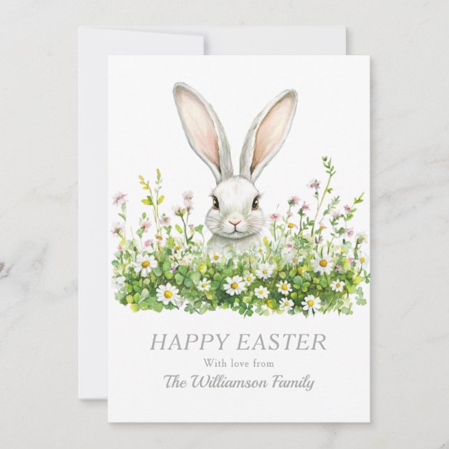 Cartes Pour Fêtes Annuelles Joyeuses fleurs de lapin blanc de Pâques personnal (Devant)