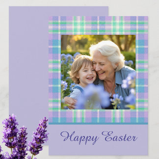 Cartes Pour Fêtes Annuelles Joyeuses Pâques Carreaux Une Photo Violet Bleu Pas