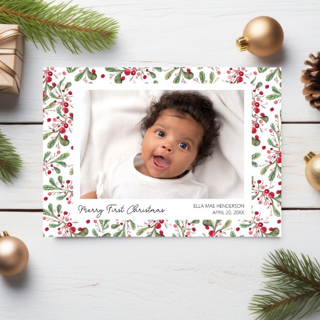 Cartes Pour Fêtes Annuelles Joyeuses Premières Photos de Noël, Baies & Feuilla (Créateur téléchargé)